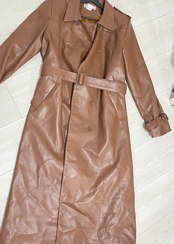 Zara Bej Deri Kemerli Uzun Kadın Trençkot