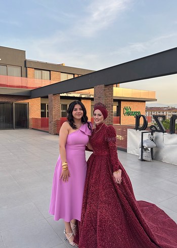 40 Beden pembe Renk Pembe Midi Straplez Düğün Elbisesi