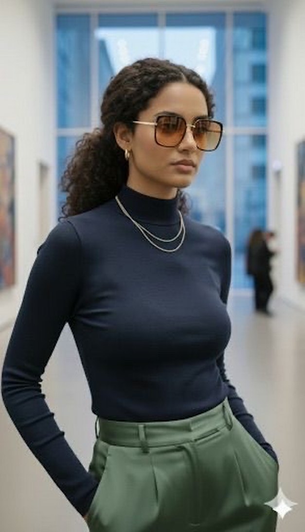 Kadın Lacivert Yüksek Yakalı Uzun Kollu Bluz - Görsel 2