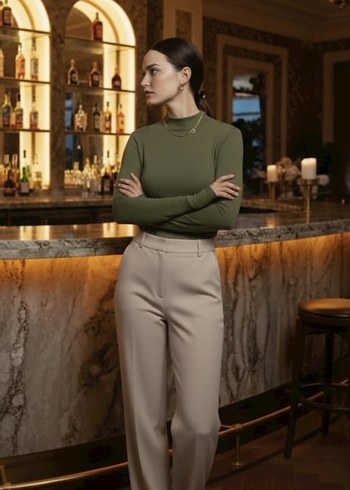 Kadın Haki Yüksek Yakalı Parmak Detaylı Ofis Bluzu - Görsel 3