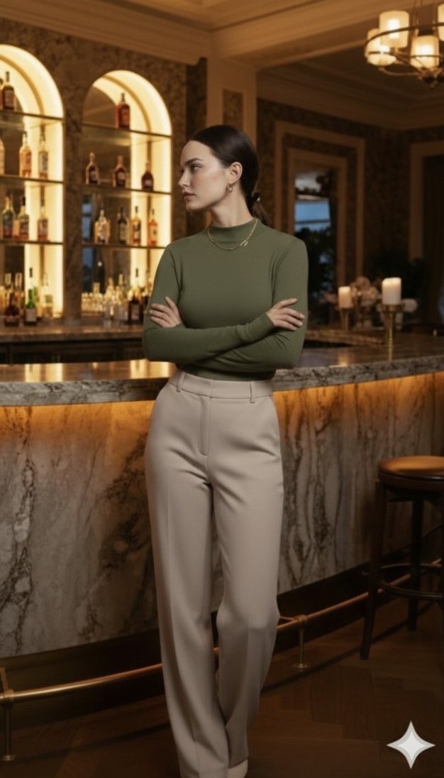 Kadın Haki Yüksek Yakalı Parmak Detaylı Ofis Bluzu - Görsel 3