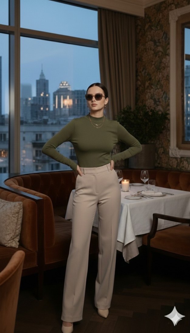 Kadın Haki Yüksek Yakalı Parmak Detaylı Ofis Bluzu - Görsel 2