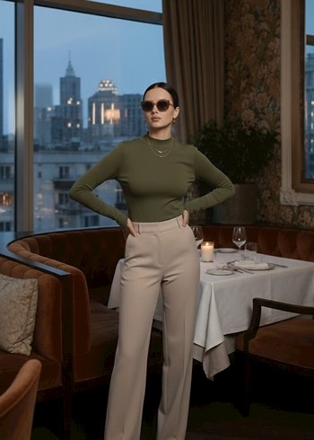 Kadın Haki Uzun Kollu Yüksek Yaka Parmak Detaylı Bluz - Görsel 2