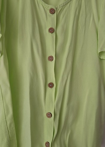Kadın Yeşil Kısa Kollu Keten Gömlek - Görsel 3