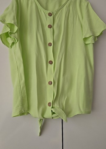 Kadın Yeşil Kısa Kollu Keten Gömlek - Görsel 2