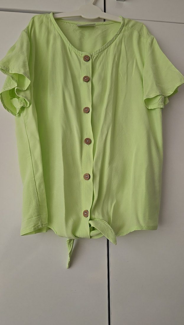 Kadın Yeşil Kısa Kollu Keten Gömlek - Görsel 2