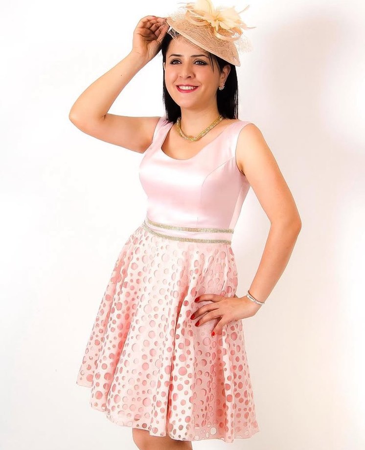 Puantiyeli Dantel Detaylı Pembe Mini Elbise - Görsel 2