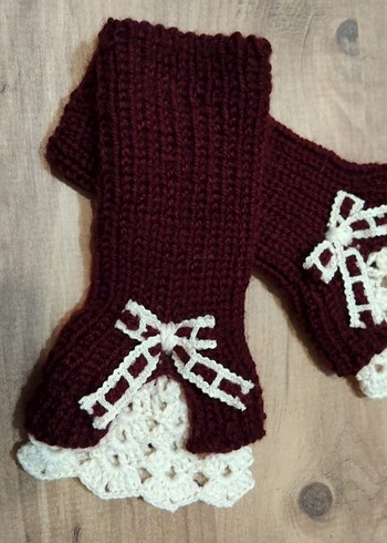 Bordo Örgü Bohem Kadın Eldiven - Görsel 3