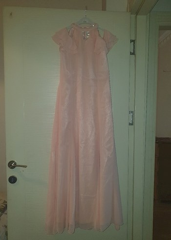 Pembe Keten Uzun Drapeli Kadın Elbise - Görsel 3