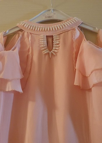 Pembe Keten Uzun Drapeli Kadın Elbise - Görsel 2