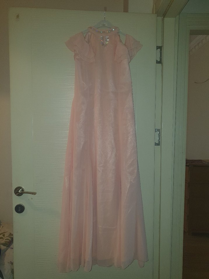 Pembe Keten Uzun Drapeli Kadın Elbise - Görsel 3