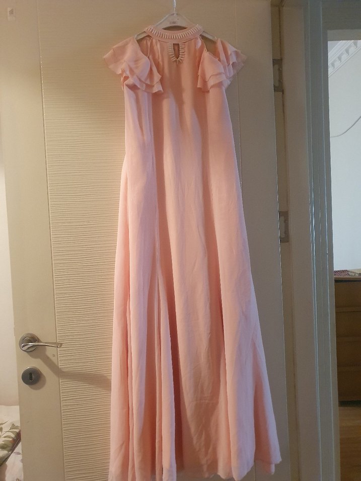 Pembe Keten Uzun Drapeli Kadın Elbise - Görsel 4