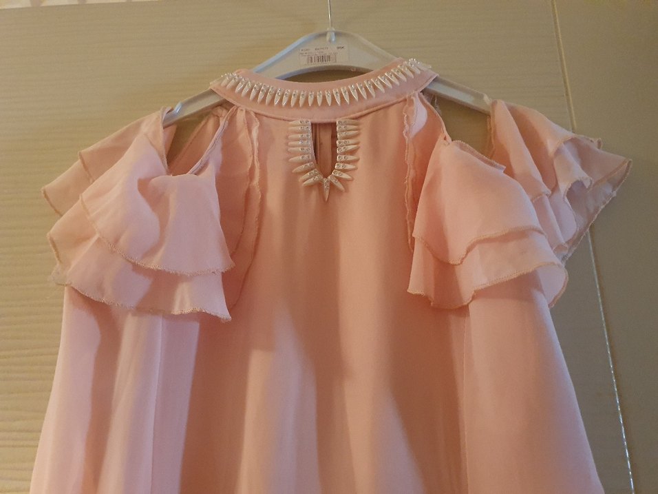 Pembe Keten Uzun Drapeli Kadın Elbise - Görsel 2