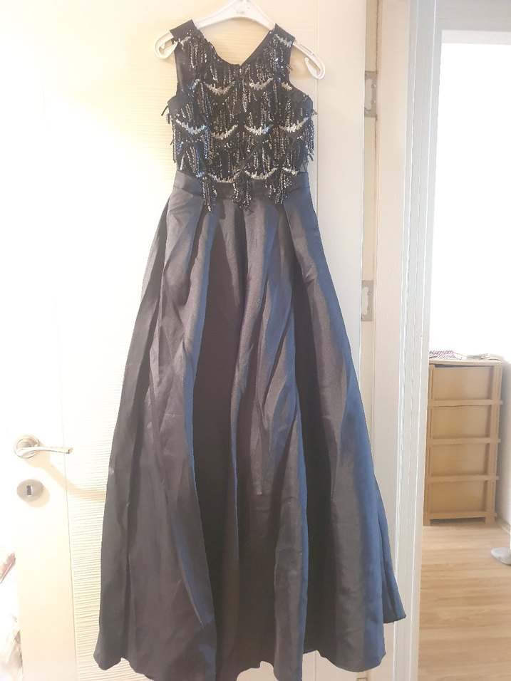 Boncuk İşlemeli Siyah Uzun Abiye Elbise - Görsel 2