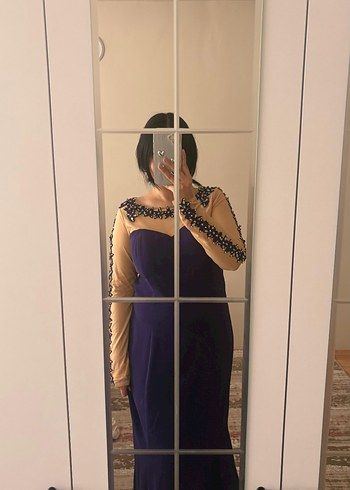 Boncuk İşlemeli Uzun Mor Abiye Elbise - Görsel 2