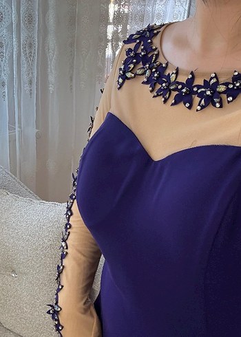 Boncuk İşlemeli Uzun Mor Abiye Elbise - Görsel 3