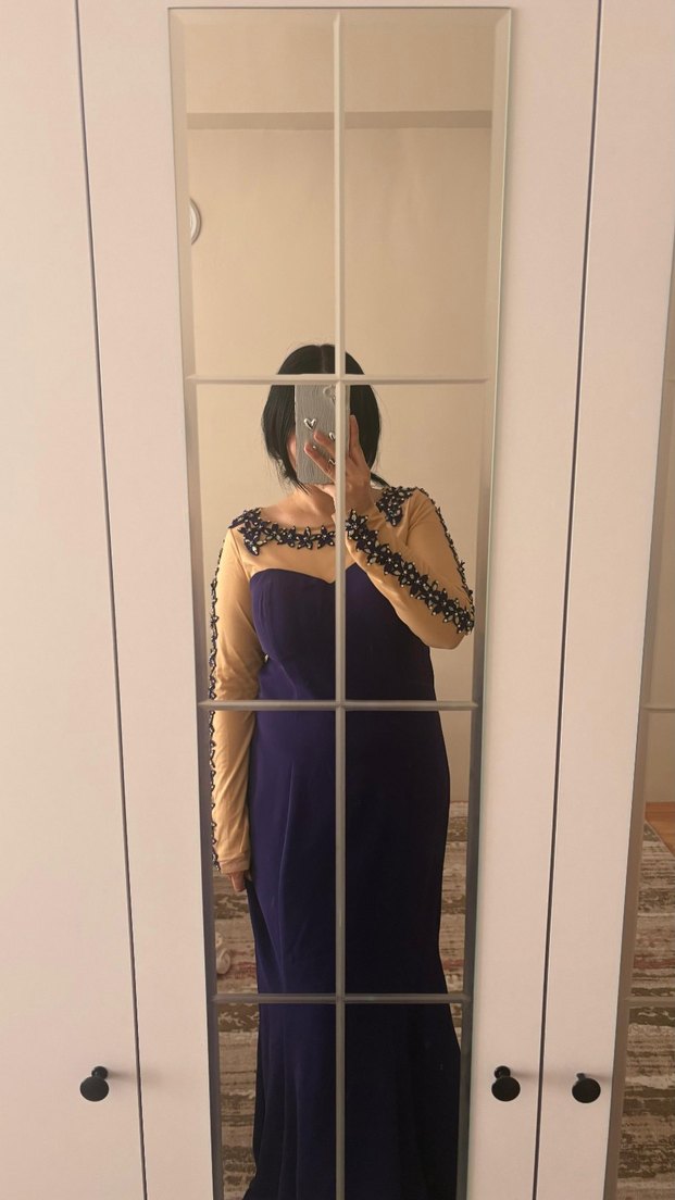 Boncuk İşlemeli Uzun Mor Abiye Elbise - Görsel 2