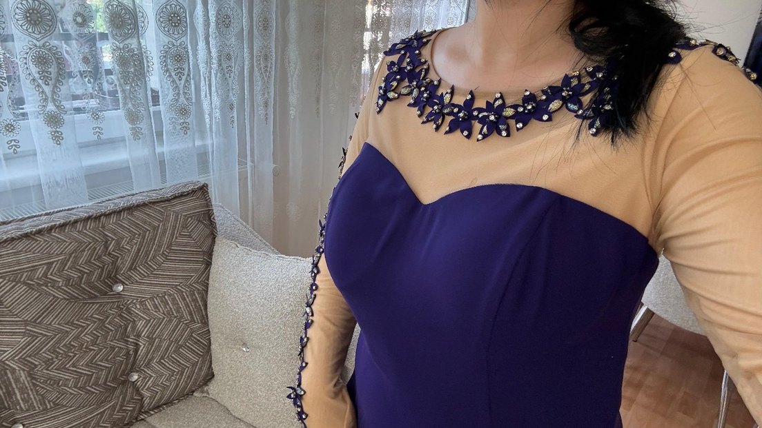 Boncuk İşlemeli Uzun Mor Abiye Elbise - Görsel 3