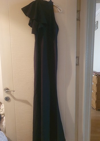 Siyah V Yakalı Uzun Drapeli Kadın Elbise - Görsel 4