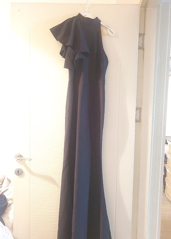 Siyah V Yakalı Uzun Drapeli Kadın Elbise - Görsel 3