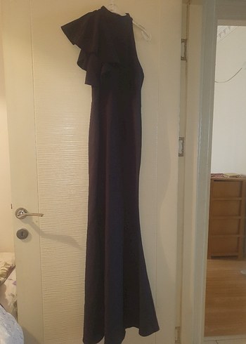 Siyah V Yakalı Uzun Drapeli Kadın Elbise - Görsel 2