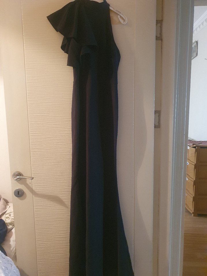 Siyah V Yakalı Uzun Drapeli Kadın Elbise - Görsel 4