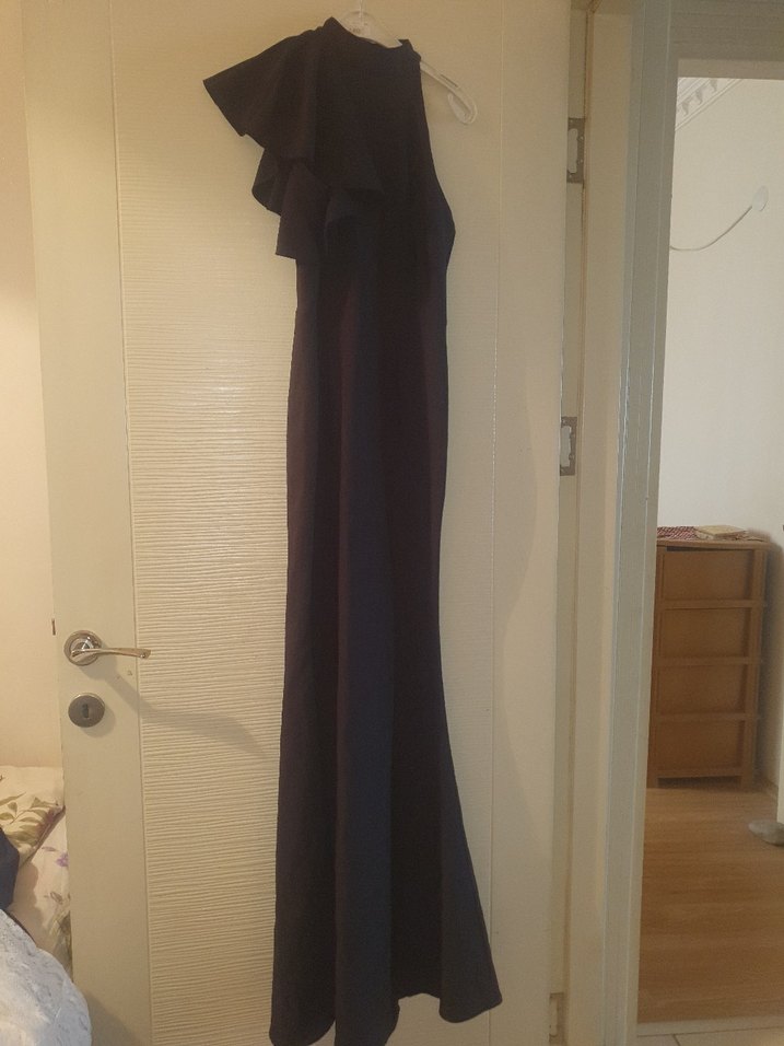 Siyah V Yakalı Uzun Drapeli Kadın Elbise - Görsel 2