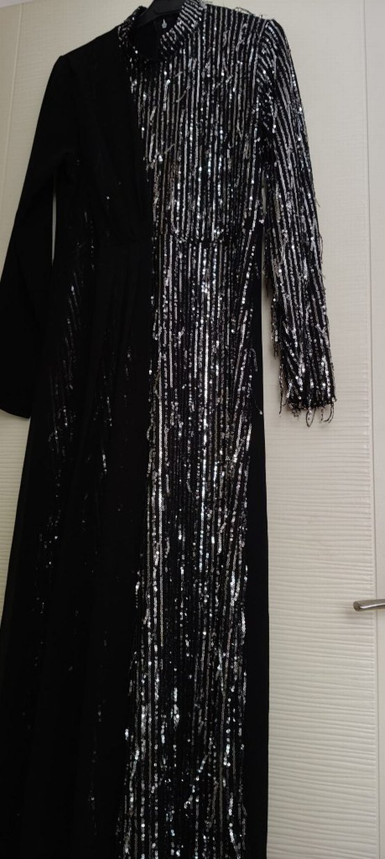 Uzun Kollu Siyah Drapeli Kadın Abiye Elbise - Görsel 3