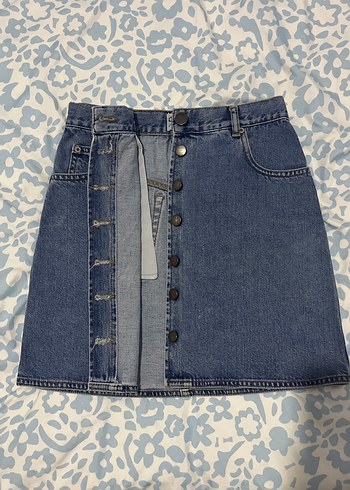 Düğmeli Mavi Kot Mini Etek - Görsel 2