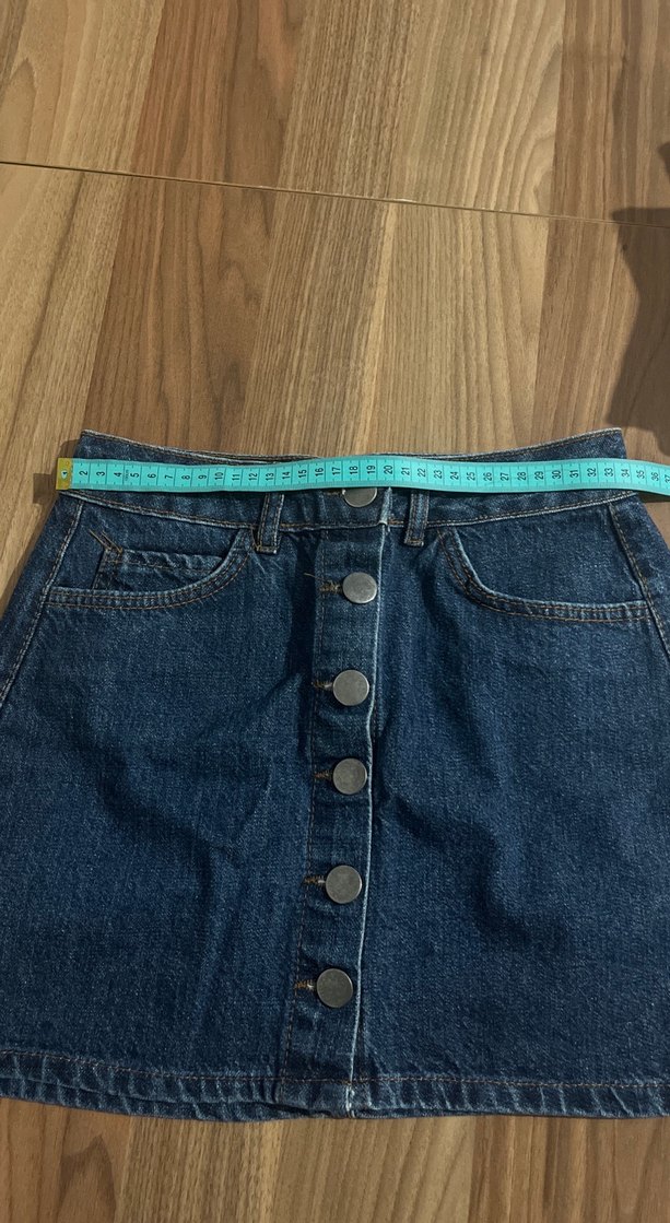 Düğmeli Koyu Mavi Denim Mini Etek - Görsel 4