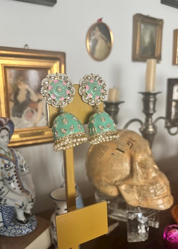 Turkuaz Nakışlı Mini Boncuklu Küpe