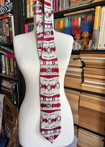 American Vintage Retro Geometrik Desenli Kirmizi Beyaz Kravat