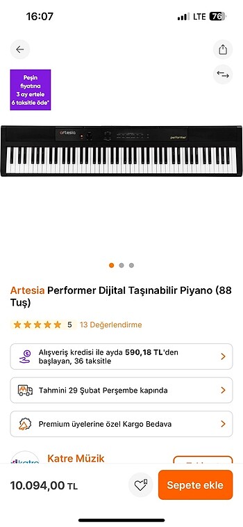 Artesia performer 88 tuşlu piyano