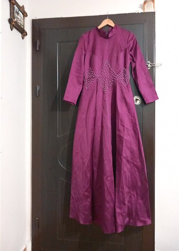 Uzun Mor Drapeli Vintage Giyotin Yaka Elbise - Görsel 5