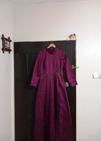 Uzun Mor Drapeli Vintage Giyotin Yaka Elbise - Görsel 6