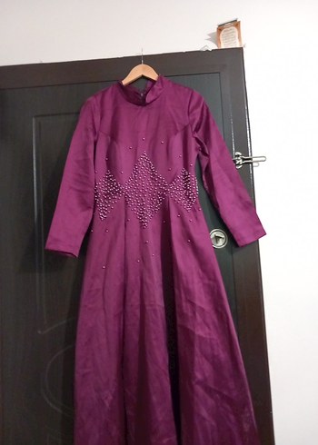 Uzun Mor Drapeli Vintage Giyotin Yaka Elbise - Görsel 7