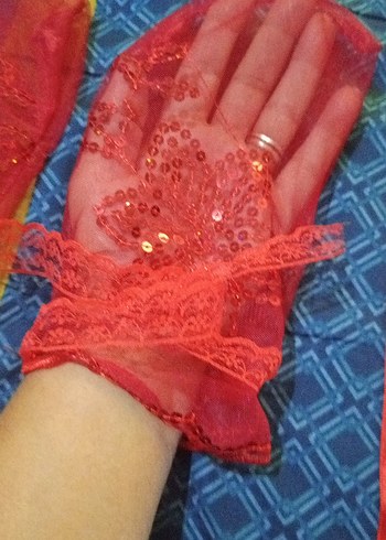 Kırmızı Nakışlı Mini Dantel Detaylı Kına eldiveni ve kurdelası - Görsel 5