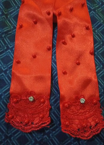 Kırmızı Nakışlı Mini Dantel Detaylı Kına eldiveni ve kurdelası - Görsel 2