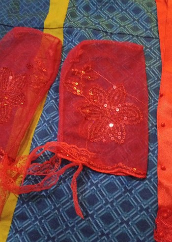 Kırmızı Nakışlı Mini Dantel Detaylı Kına eldiveni ve kurdelası - Görsel 3