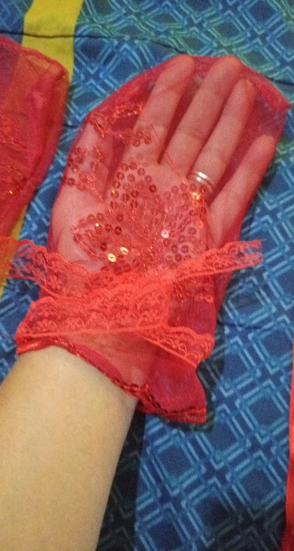 Kırmızı Nakışlı Mini Dantel Detaylı Kına eldiveni ve kurdelası - Görsel 5