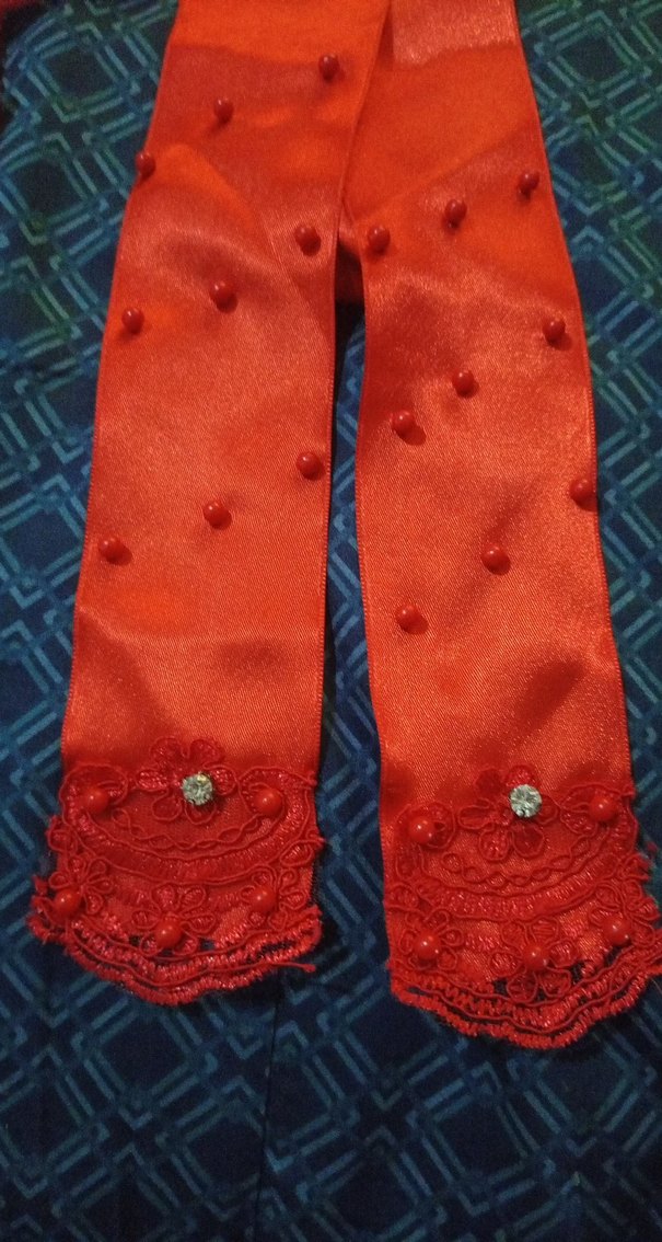 Kırmızı Nakışlı Mini Dantel Detaylı Kına eldiveni ve kurdelası - Görsel 2