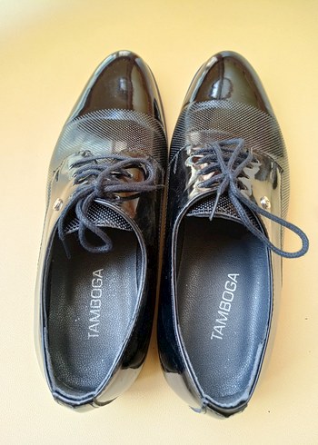 @Siyah Parlak Yılan Derisi Desenli Bağcıklı Erkek Klasik Ayakkab - Görsel 3