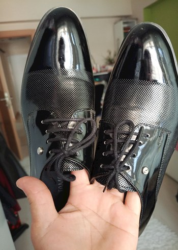 @Siyah Parlak Yılan Derisi Desenli Bağcıklı Erkek Klasik Ayakkab - Görsel 5