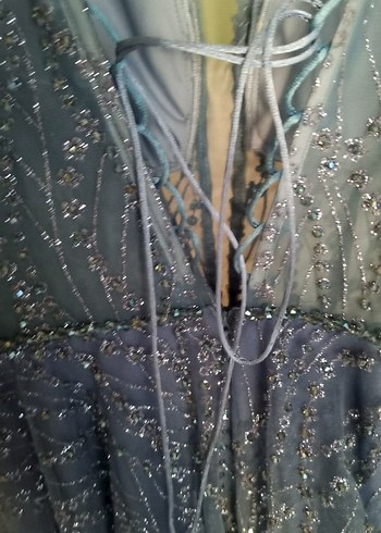 @ABİYE NİŞANLIK Mavi İşlemeli V Yakalı Uzun Abiye Elbise - Görsel 8