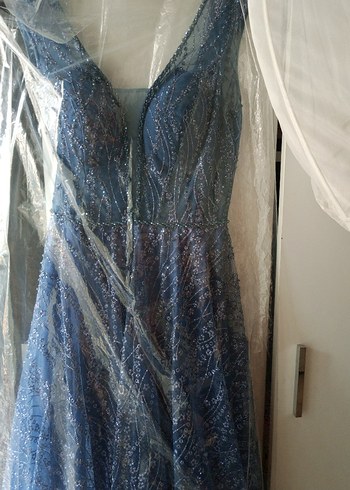 @ABİYE NİŞANLIK Mavi İşlemeli V Yakalı Uzun Abiye Elbise - Görsel 3