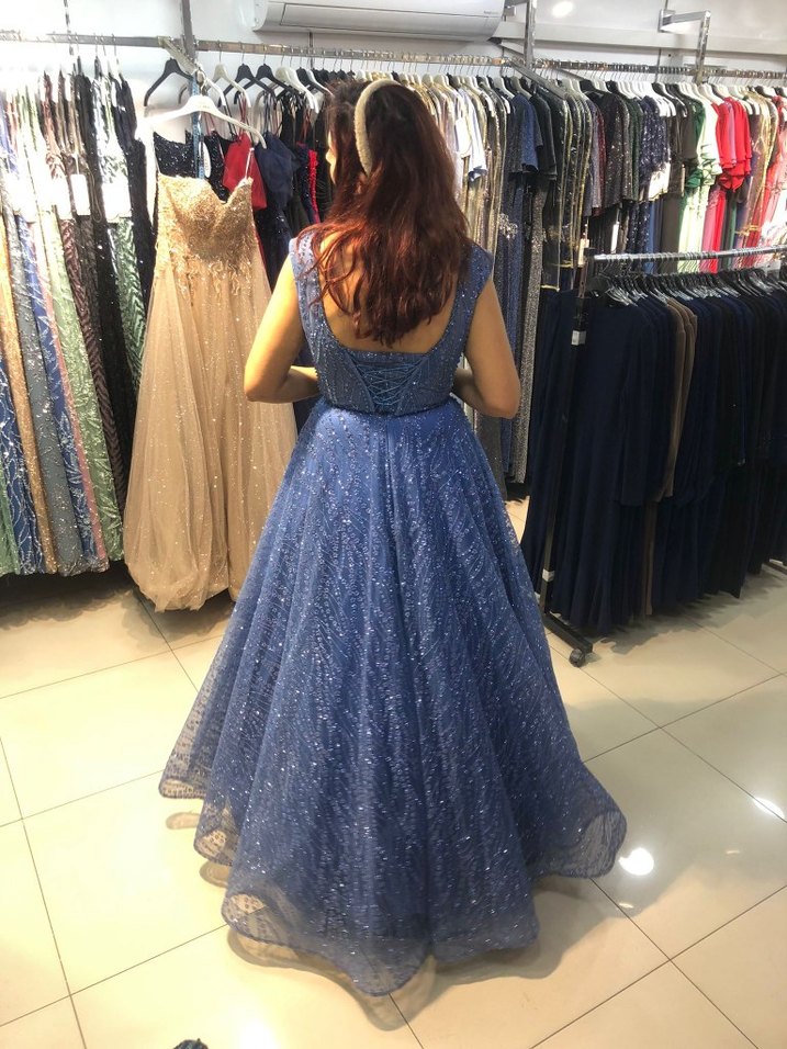 @ABİYE NİŞANLIK Mavi İşlemeli V Yakalı Uzun Abiye Elbise - Görsel 2