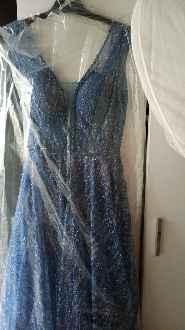 @ABİYE NİŞANLIK Mavi İşlemeli V Yakalı Uzun Abiye Elbise - Görsel 3