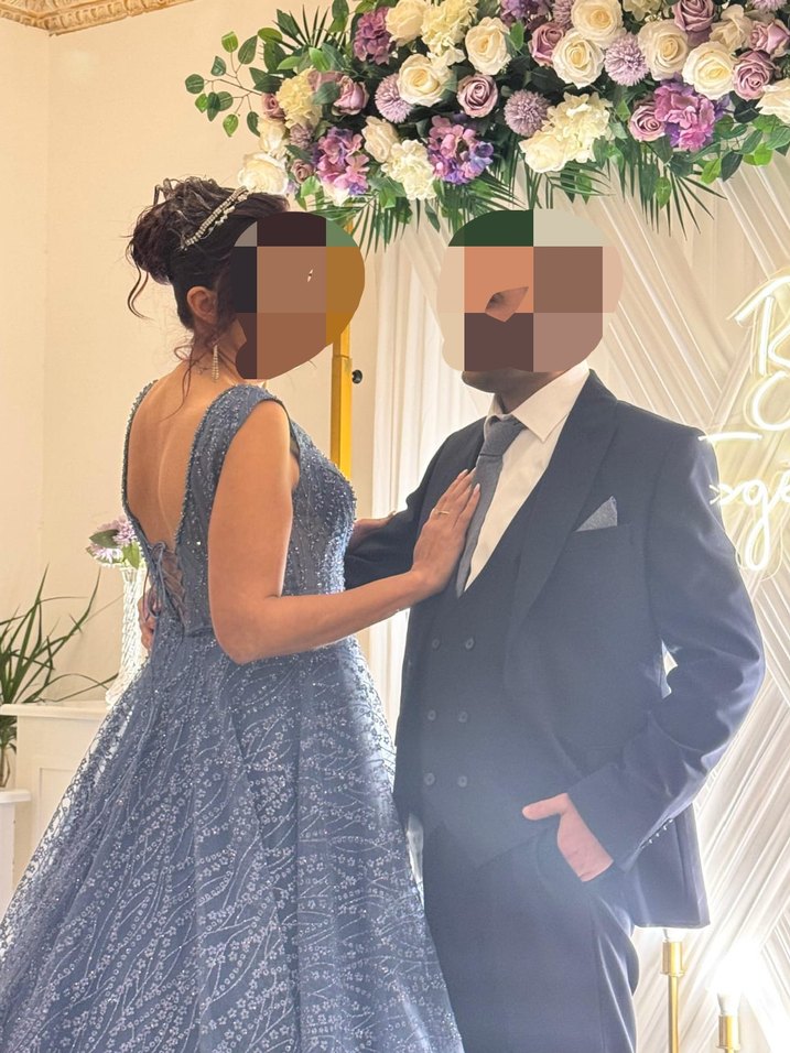 @ABİYE NİŞANLIK Mavi İşlemeli V Yakalı Uzun Abiye Elbise - Görsel 5