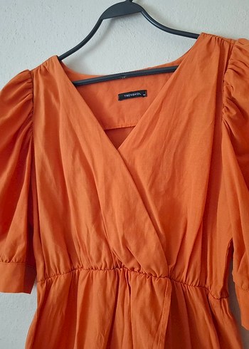 Turuncu V Yaka Midi Bohem Elbise - Görsel 4