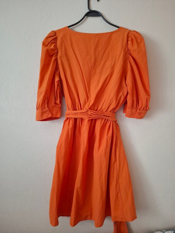 Turuncu V Yaka Midi Bohem Elbise - Görsel 3